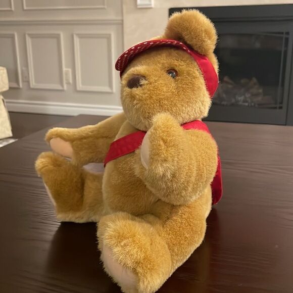 Hallmark Plush Bear Postbear Express Mail Brown Stuffed Animal Red Visor & Bag - Picture 2 of 9